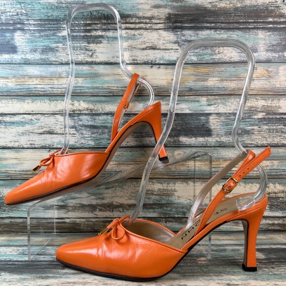 St John Slingback Pumps Womens 6.5B Orange Leather Dress Shoe Work Formal Heels - Picture 2 of 13